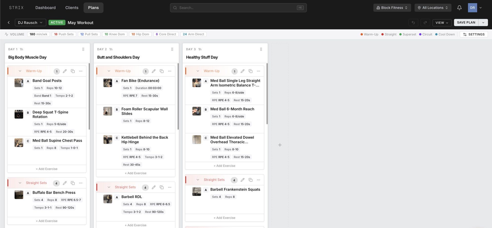 STRIX plan editor — build multi-day workouts block by block